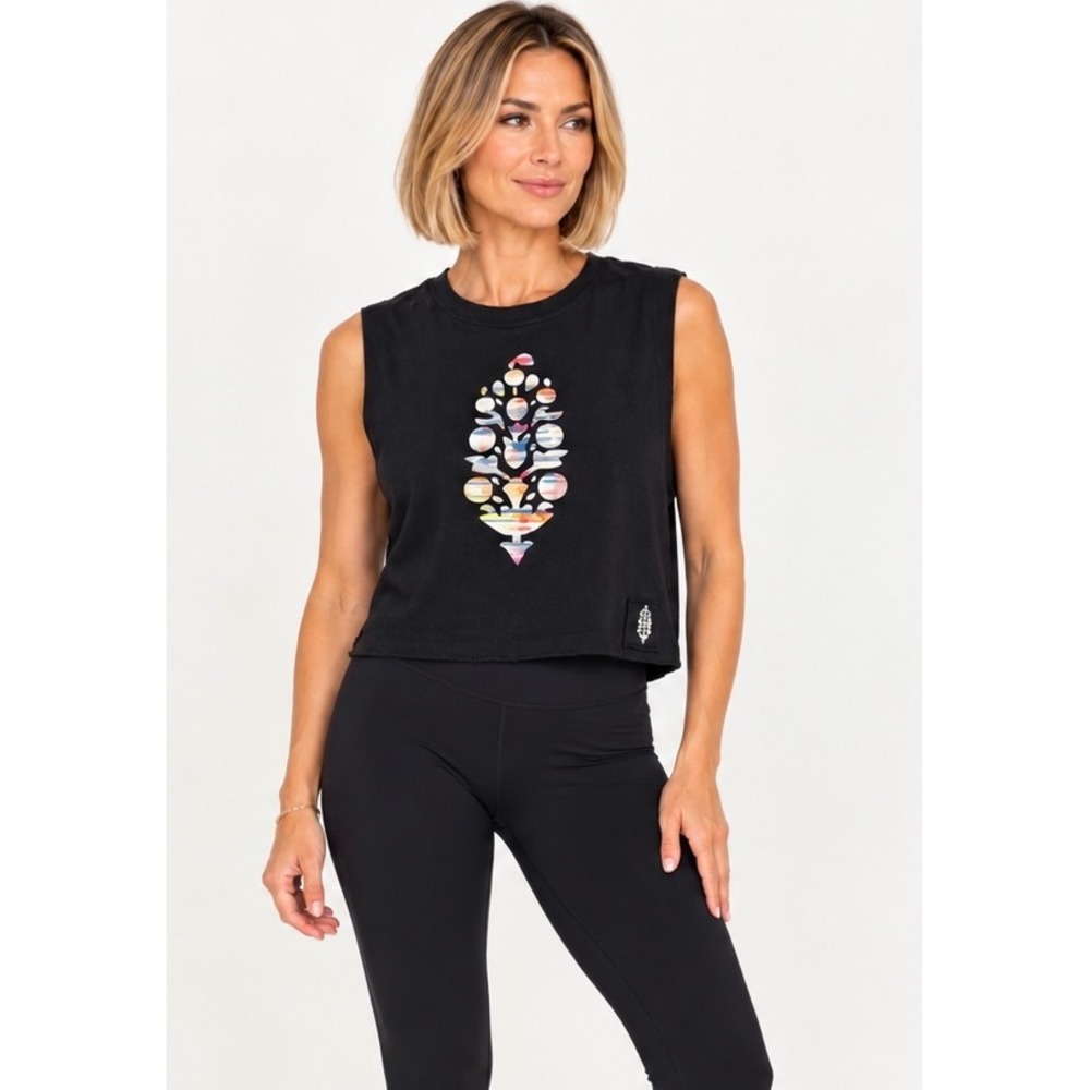 Movement Free People Black Graphic Cropped Muscle Tank M Festival Layering